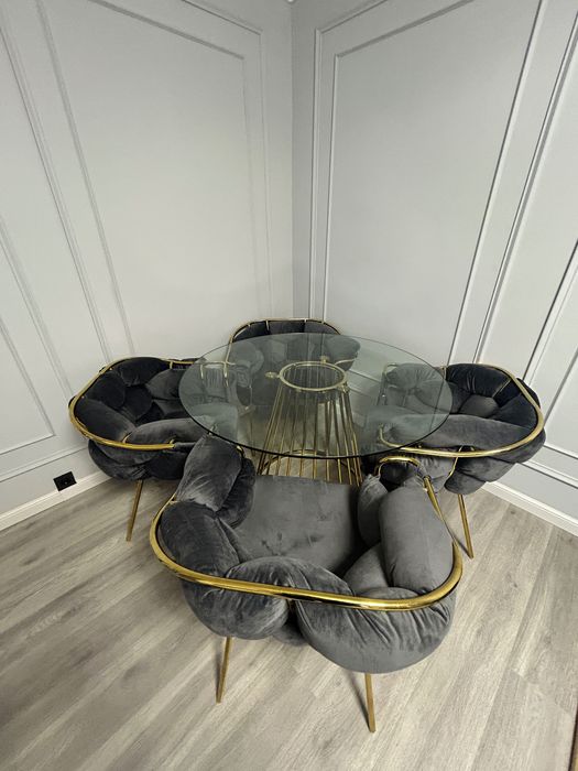 Set masă dining rotundă 120 cm + 4 scaune catifea gri și auriu, design luxury