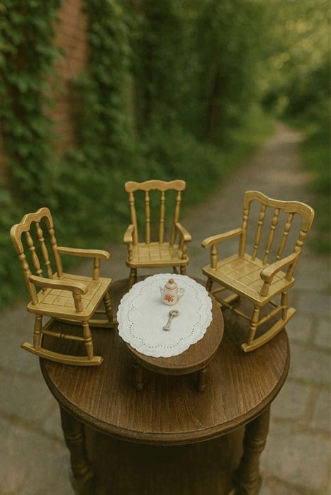 Миниатюрен антикварен комплект масичка с люлеещи се столчета