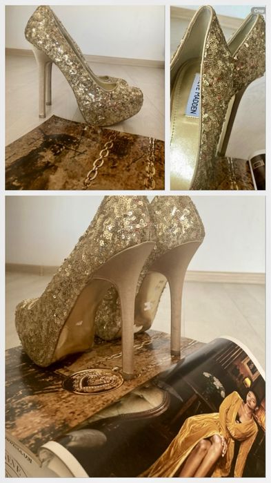 Pantofi Steve Madden din piele,  aurii cu paiete