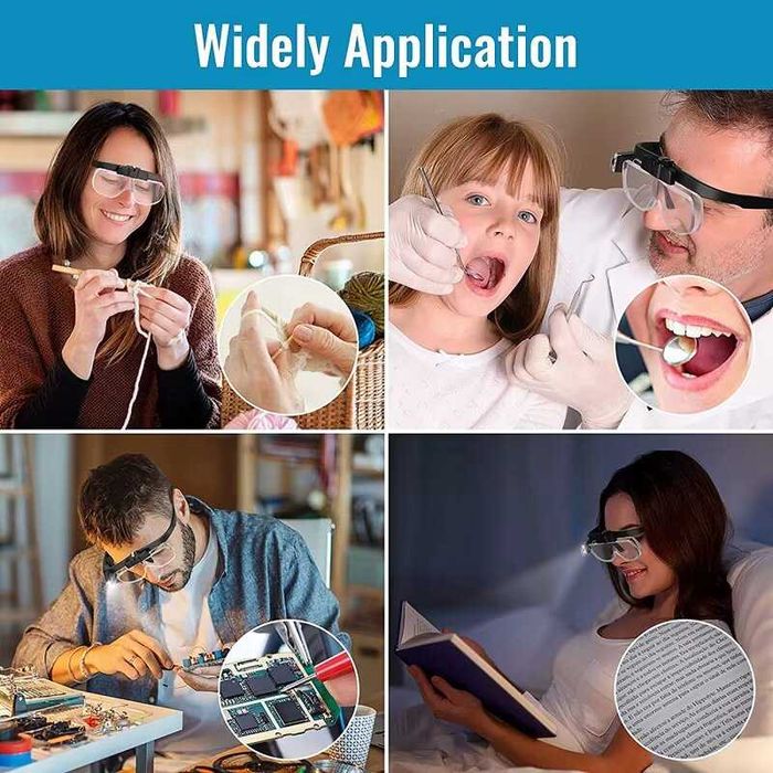 Лупа очки, 3 шт. сменными линзами с USB подсветкою.