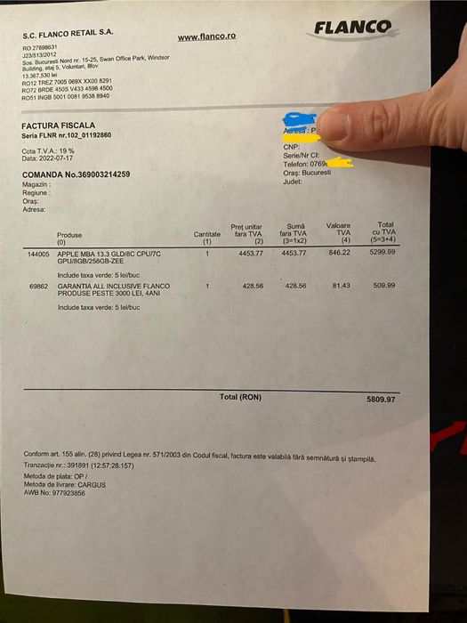 Macbook Air M1 13”, in GARANTIE Flanco+cutie+facturi+mouse Lenovo