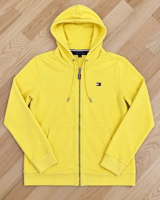 Hanorac Tommy Hilfiger damă, galben intens, cu fermoar și glugă, logo brodat, mărimea L