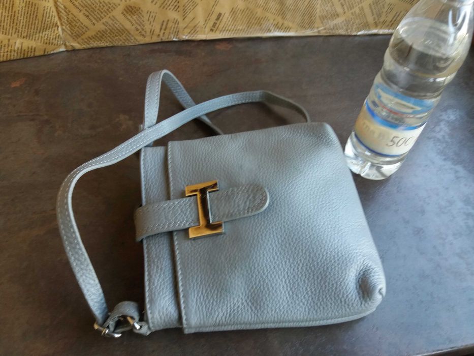 мъжка чанта,малка сива кожена чантичка-естествена кожа