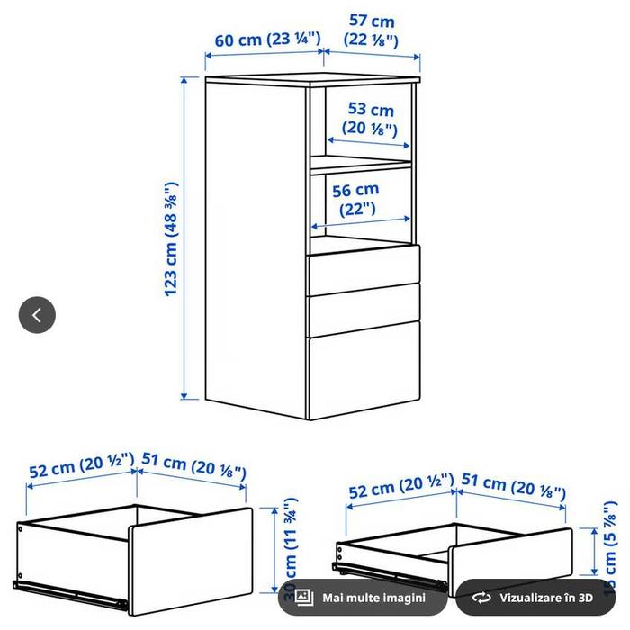 Vand Biblioteca, ikea, alb, 3 sertare, 60x57x123 cm