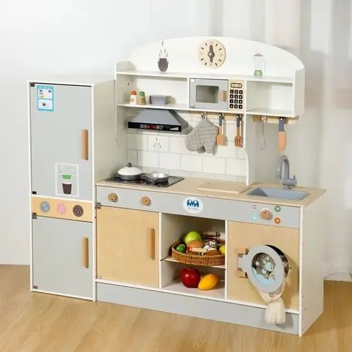 Деревянная Большая кухня с холодильником и набором посуды звук подсвет