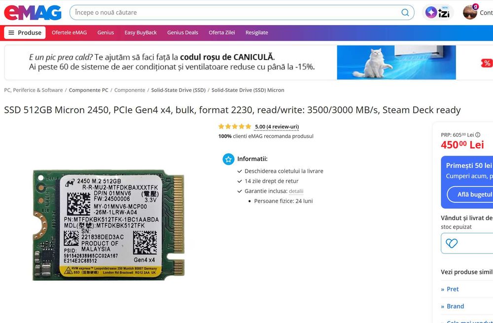 SSD 512GB Micron 2450, format 2230