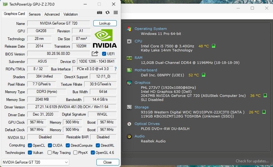 Unitate PC SFF Dell i5 7500 3,4/3,8Ghz, 12GB, 128GB+1TB, Nvidia GT 720 2GB, Win11 Office 2024