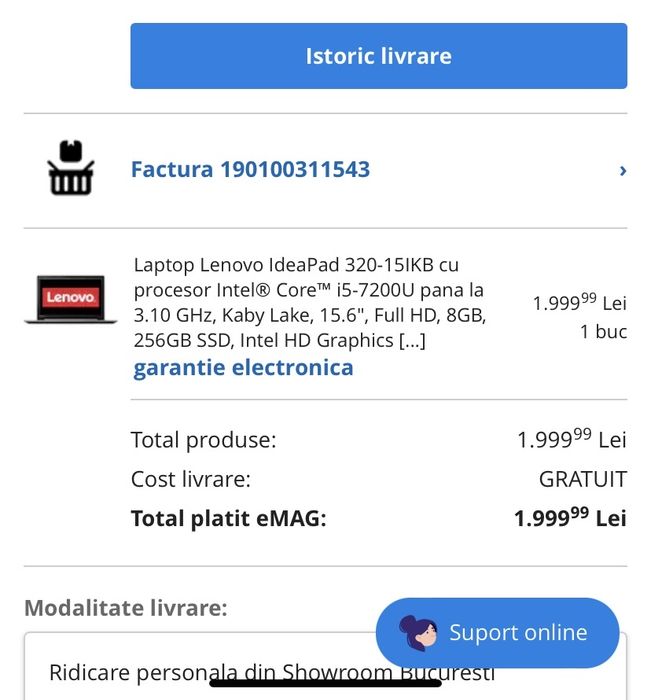 Laptop Lenovo i5-7200U 3.10 GHz, 15.6" Full HD, 8GB, 256GB SSD