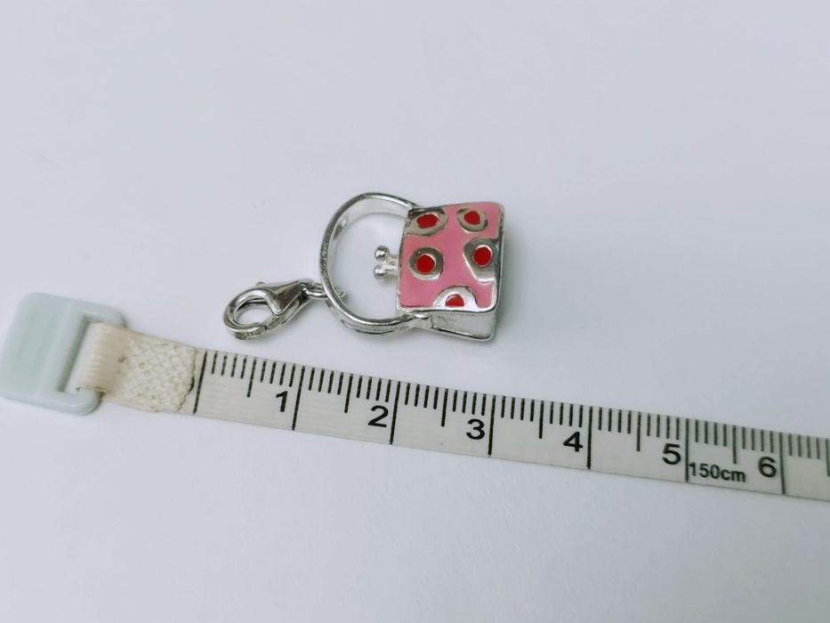 Vechi pandantiv charm din argint de 925 in forma de geanta, roz cu buline rosii