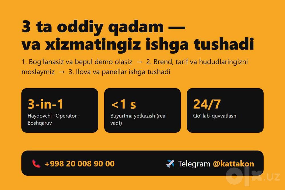 Taksi ilovasi, mobil ilovalar, saytlar va Telegram botlar yaratamiz