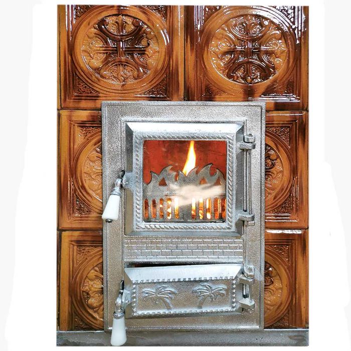 Soba de teracota mobila cu geam de sticla, montaj pe colt