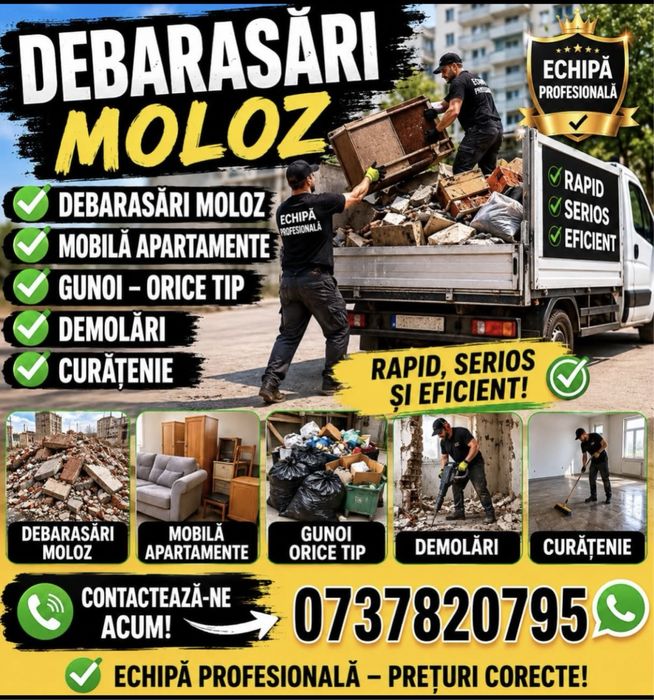 Debarasari apartamente , transport moloz, gunoi , defrisari , moluz