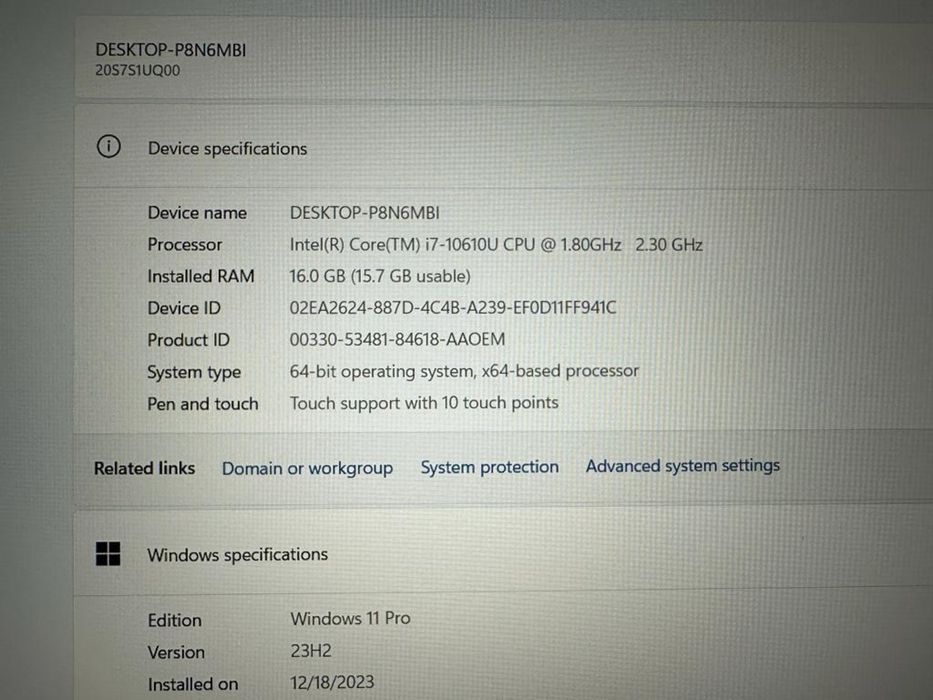 Laptop Lenovo Thinkpad T15 I7 gen 10 touch screen