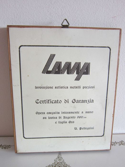 cadou rar tablou mic Flori pe placa argint 999, foita aur Italia 1960