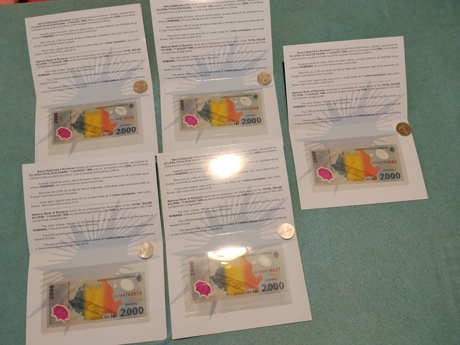 Vând 5 Bancnote in  pliante 2000 lei cu eclipsa și monede de 2000 lei