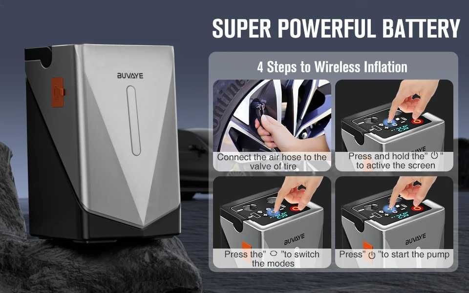 4 в 1 Супер Мощен Висок Клас Стартер BUVAYE 2500А 12000mAh с Помпа