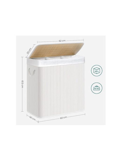 Songmics, Coș de rufe din Bambus Pliabil 60x40x61.5cm Alb
