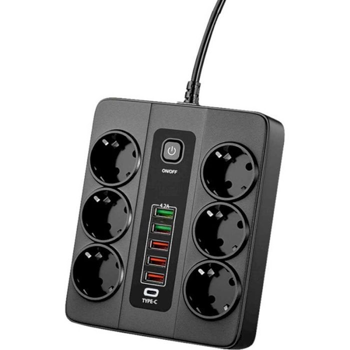 Разклонител за контакт 220V ,6 гнезда, 5 USB, Type C Digital , със защита, 3USB