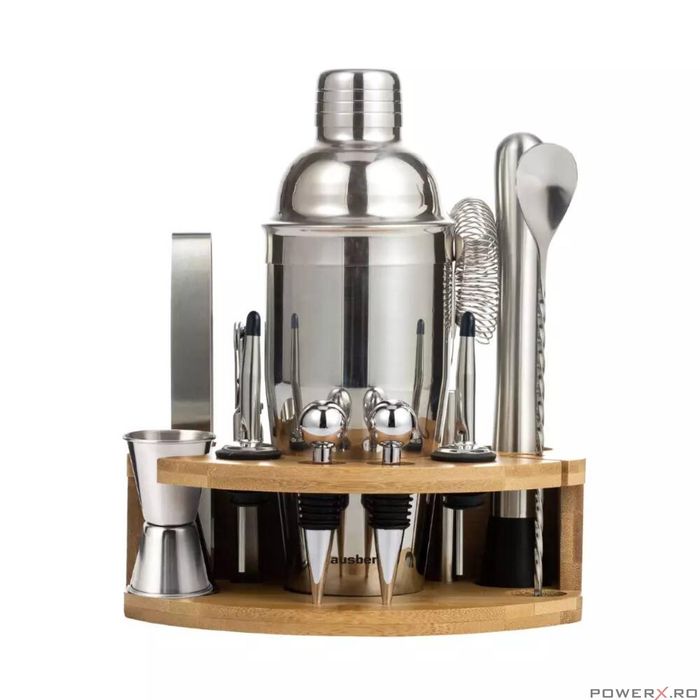 Set barman pentru bauturi, cocktailuri, shaker, 12 elemente, argintiu,