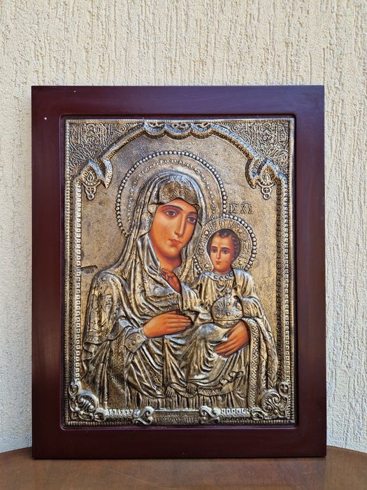 Чудесна голяма антикварна сребърна икона със сертификат