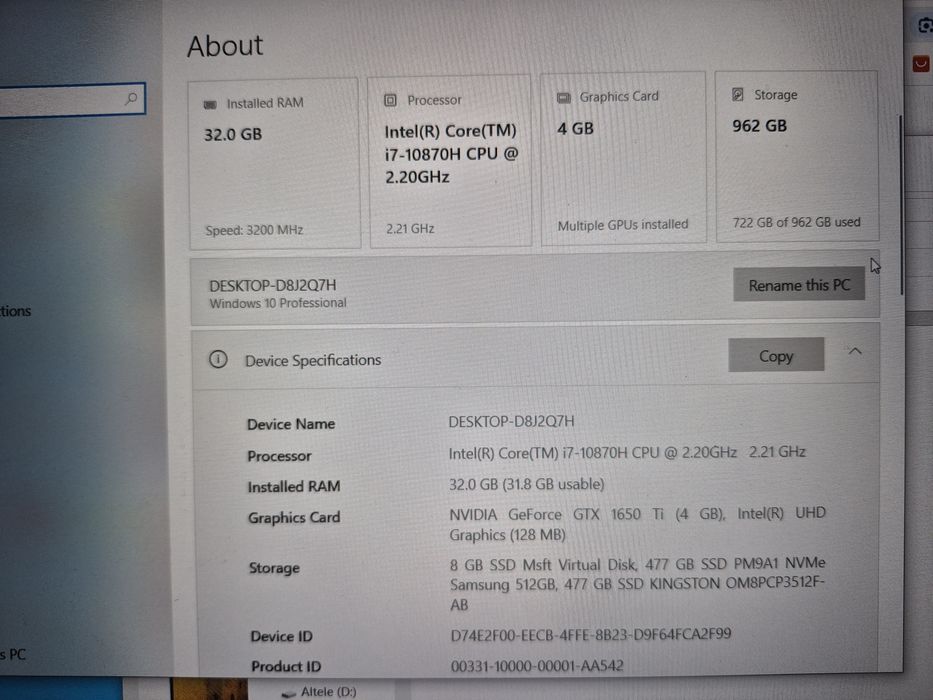 Laptop Gaming ASUS TUF F15 (FX506L) i7 10 / 32GB / GTX 1650 / 1 TB SSD