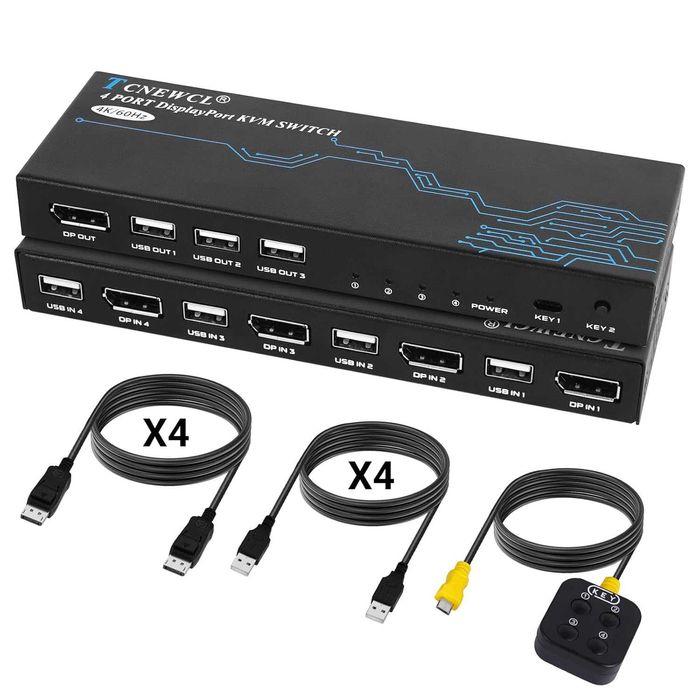 TCNEWCL Switch DisplayPort KVM 4 port,4K-60Hz DP 4 PC,1 monitor,USB DP