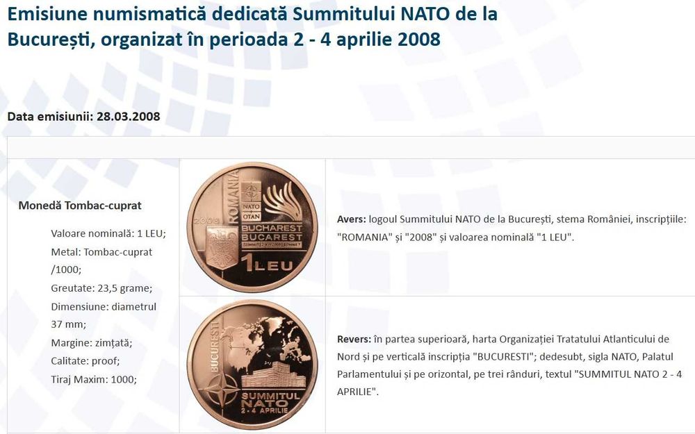 Moneda BNR 1 leu tombac Summitul NATO gradata NGC PF 69 UC