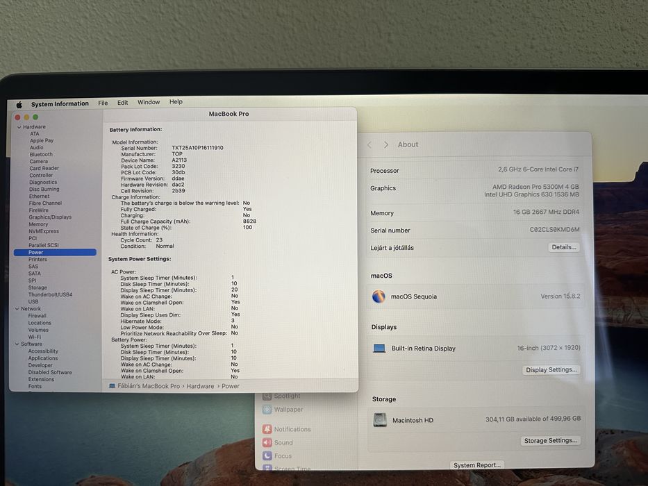 MacBook Pro 2019 Touch Bar (16 inch, Retina), 500 GB SSD, 16 GB RAM, AMD 4GB, ~23 cicluri
