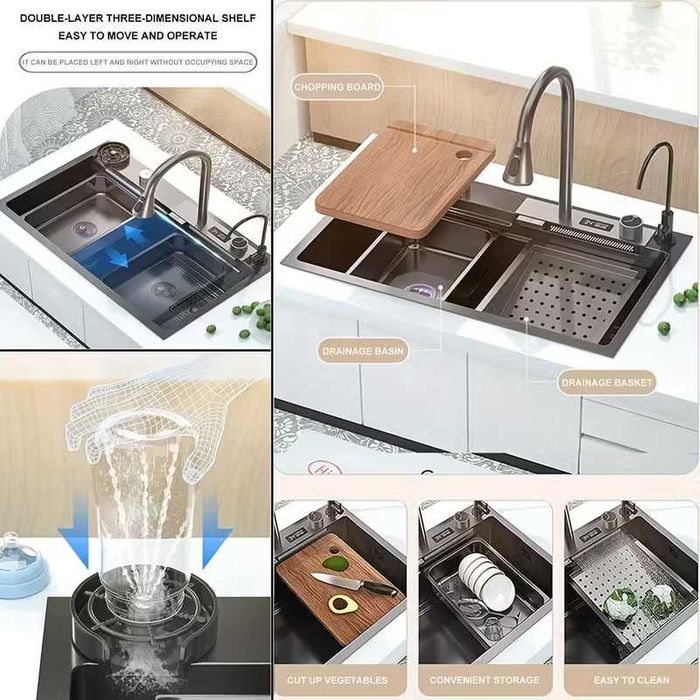 Луксозна голяма кухненска мивка със смесител и аксесоари 80см 75см