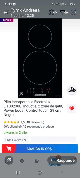Plita inductie incorporabila Electrolux, 2 zone gatit
