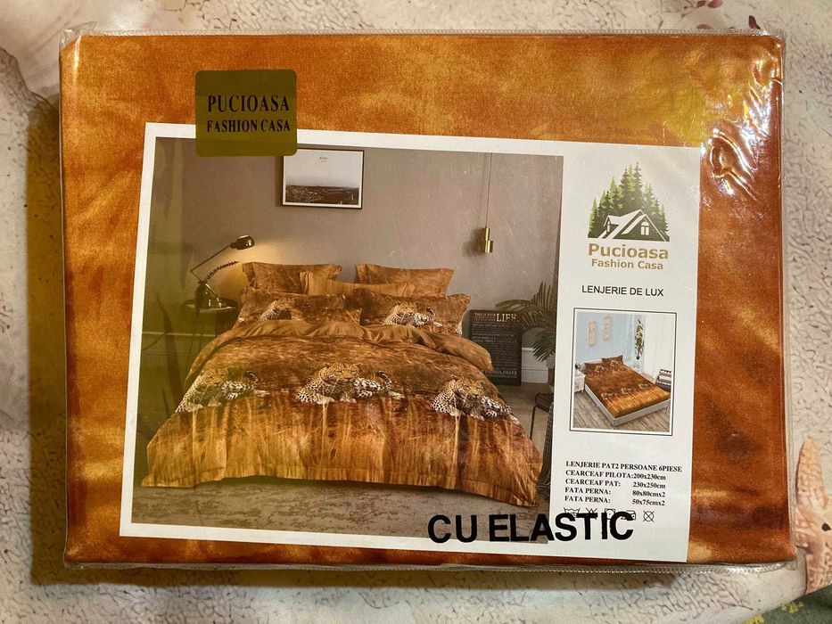 Lenjerie de lux ,pentru doua persoane ,cu elastic, 6 piese,  230x250