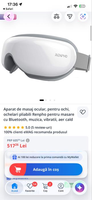 Aparat de masaj ocular Renpho Eyeris 1, Bluetooth, muzică, vibrații, aer cald