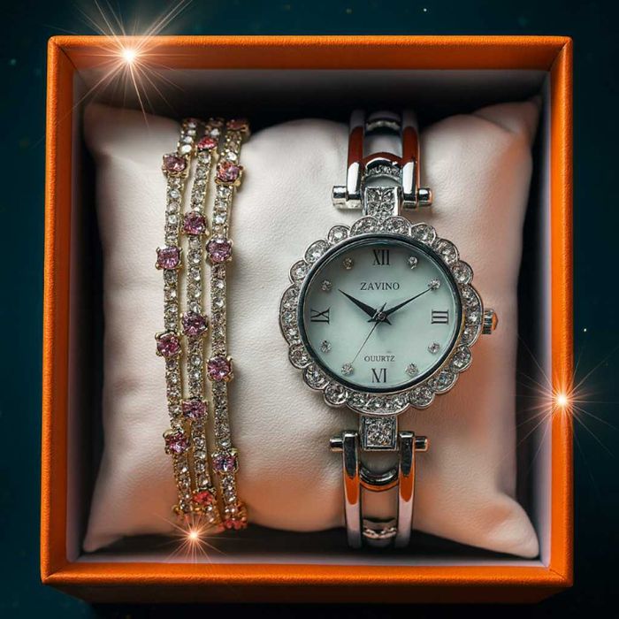 Елегантен часовник с две гривни в подаръчна кутия