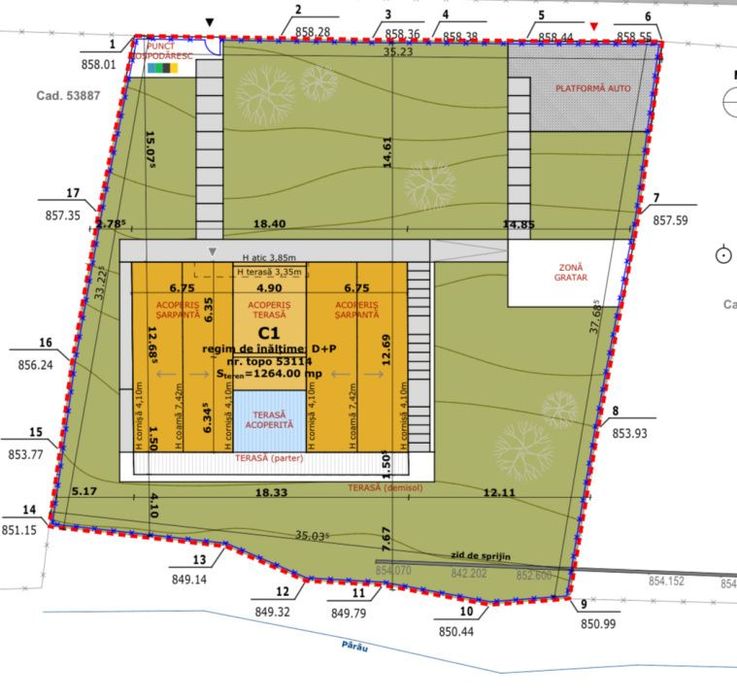 Teren cu autorizatie de constructie cu fundatie, 1264mp, 35 m front, B