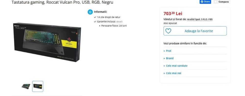 Tastatură mecanică ROCCAT - Vulcan Pro, Titan Switch Optical, RGB, NOU