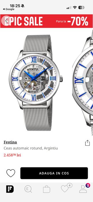Ceas festina automatic geam safir fata/spate