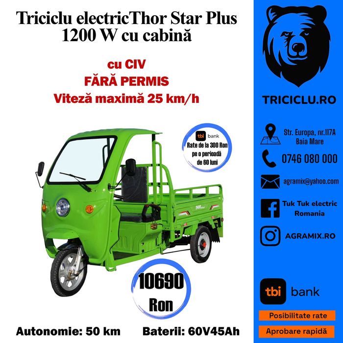 THOR STAR verde prevazut cu cabina, CIV-triciclu electric Agramix