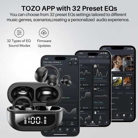 TOZO Леки отворени слушалки с щипка за уши, Bluetooth 5.4 слушалки с AI шумопотискащ микрофон