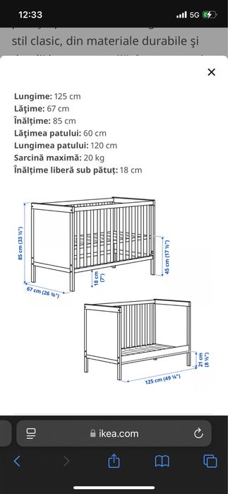 Patut copii, alb, 60x120 cm + saltea