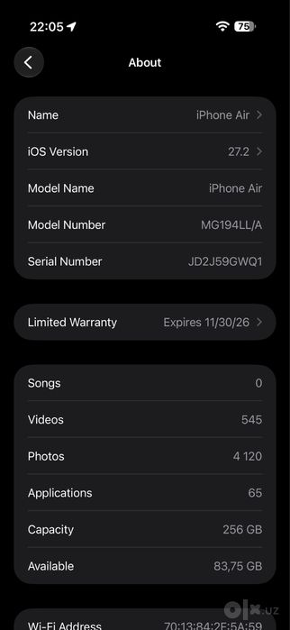 iPhone Air 256 ГБ белый, как новый, аккумулятор 99%