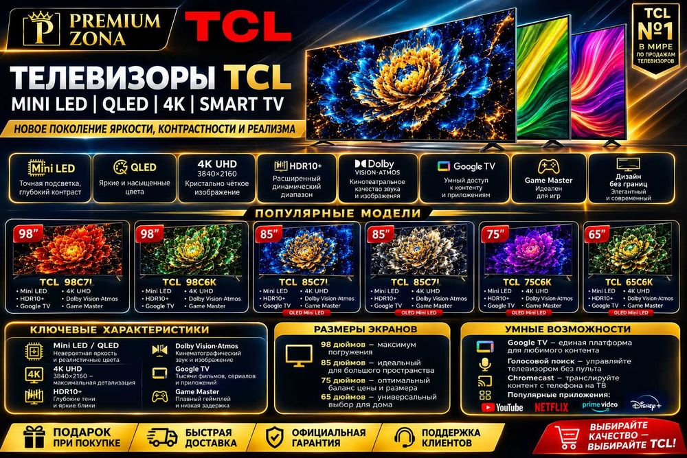 Телевизор TCL MINI LED televizor в ассортименте от 55до98 C7K C7L C8L