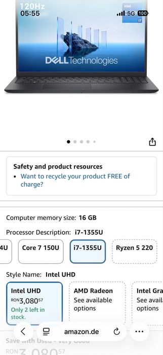 Dell 15 DC15250 • Intel i7-1355 • 16GB RAM • 512GB • NOU / SIGILAT •