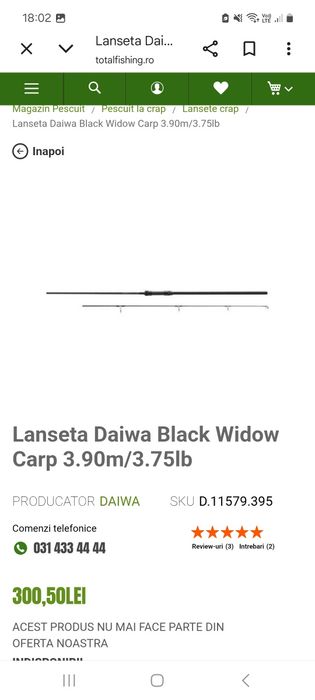 Set 4 lansete crap daiwa black widow de 3.90m 3,75lb 2tronsoane