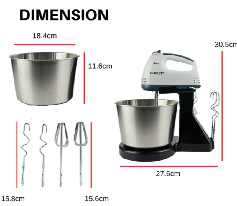 Mixer profesional multifunctional cu bol inox Scarlett 200W 7 trepte v