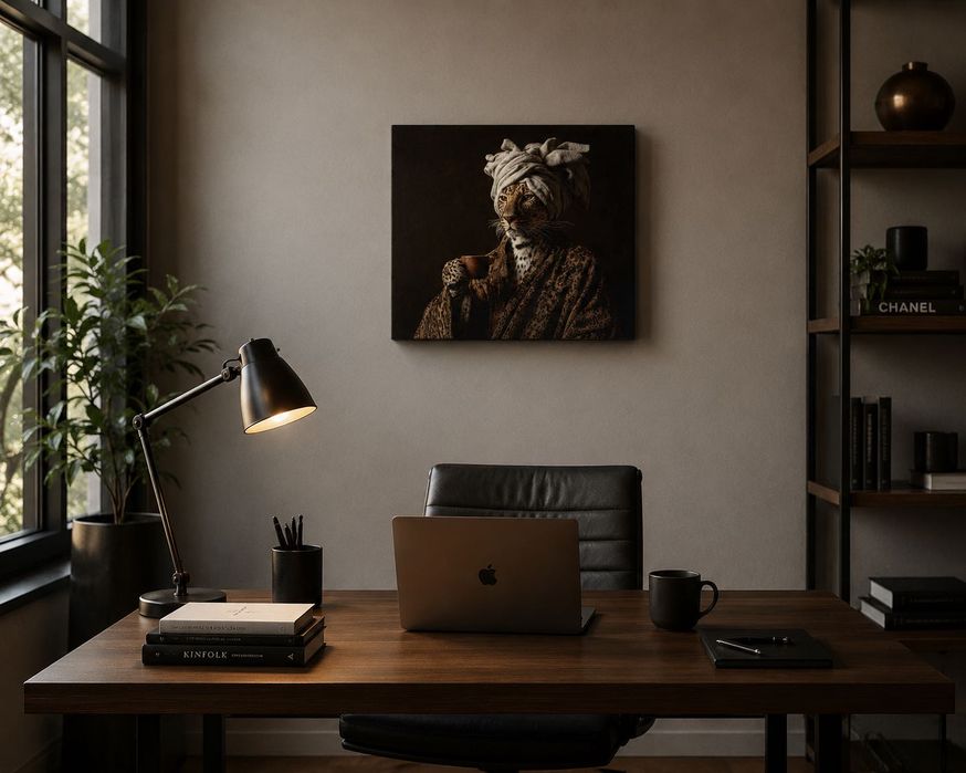 Tablou canvas Dimineața regelui, leopard cu cafea, portret amuzant, 60×45 - 120×90 cm