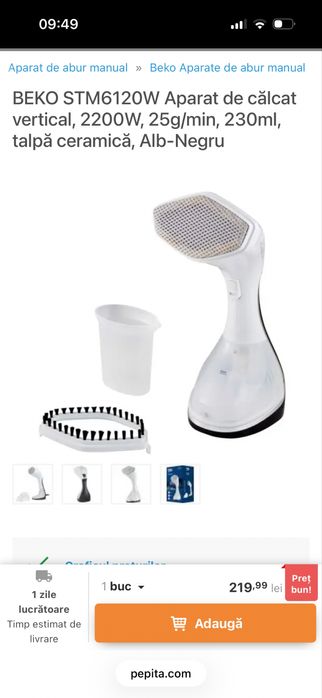 BEKO STM6120W Aparat de călcat vertical, 2200W, 25g/min, 230ml, talpă ceramică, Alb