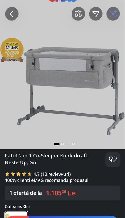 Patut 2 in 1 Co-Sleeper Kinderkraft Neste Up, Gri