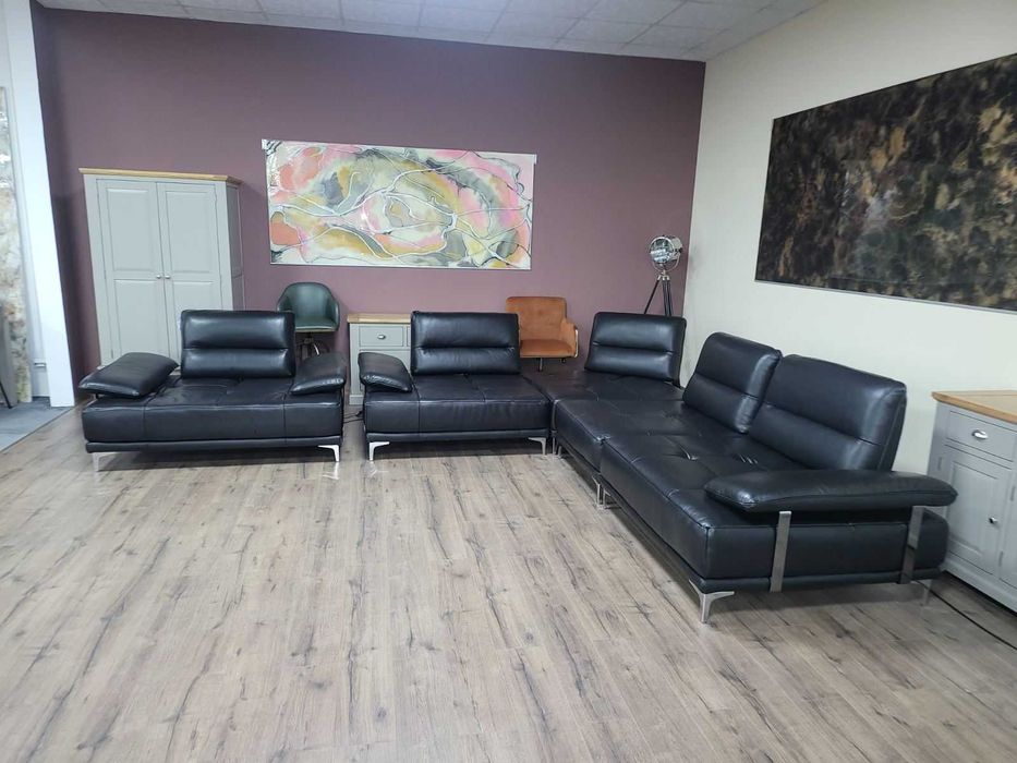 Черен кожен ъглов диван и фотьойл Artemis с ел. облегалки