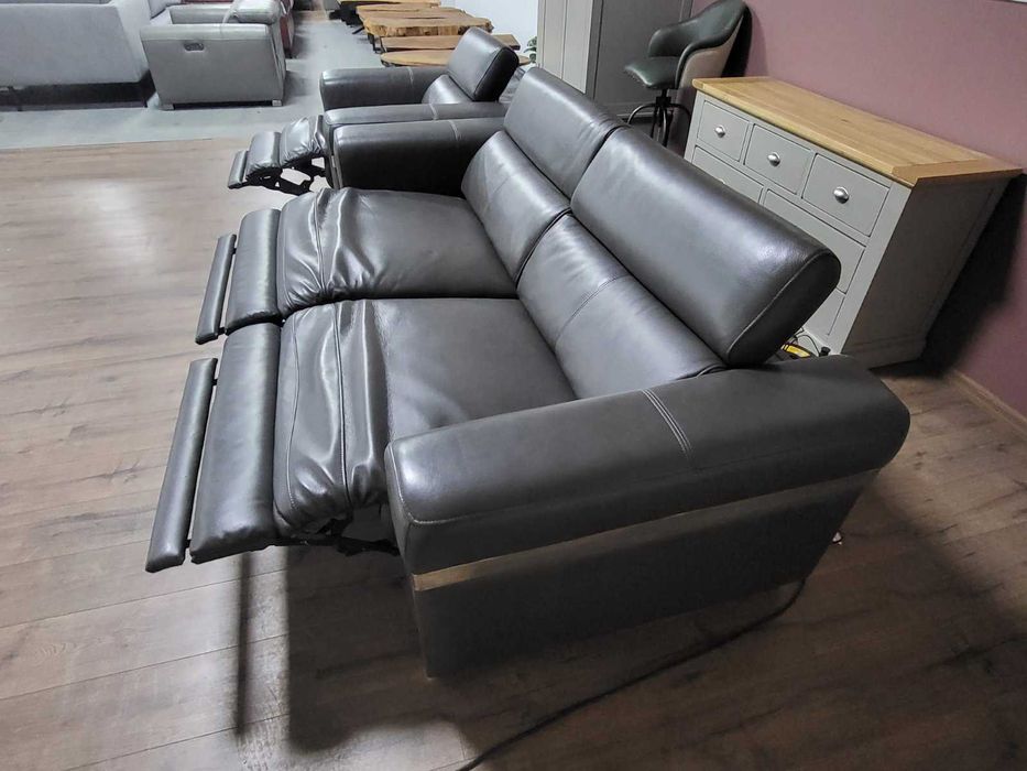 Сив кожен диван тройка и фотьойл Moreno с ел. релакс механизъм