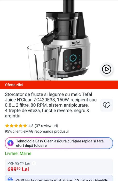Storcator de fructe si legume cu melc Tefal Juice N'Clean ZC420E38